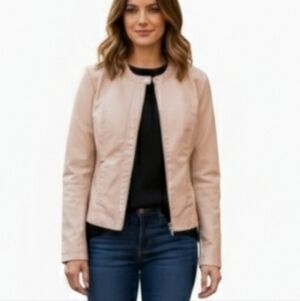 Therapy Cream Faux Leather Jacket Slim Fit Round Neck Women's Size Medium